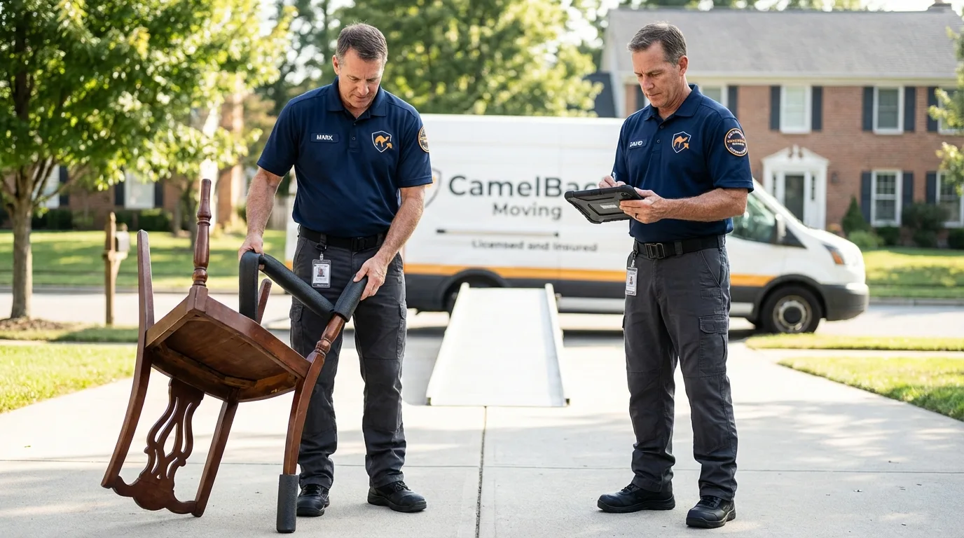 Movers inspecting furniture for damage prevention before loading in Graham, WA