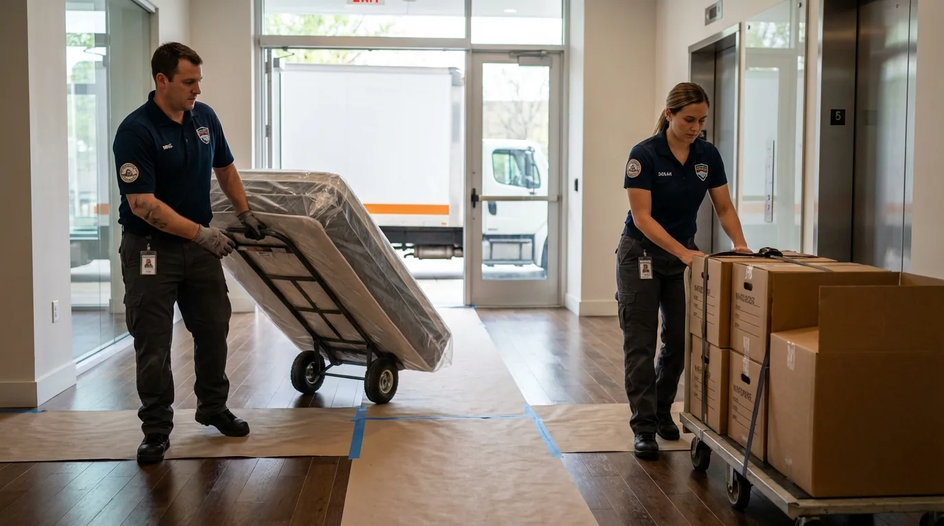 Professional apartment movers loading elevator in Graham, WA
